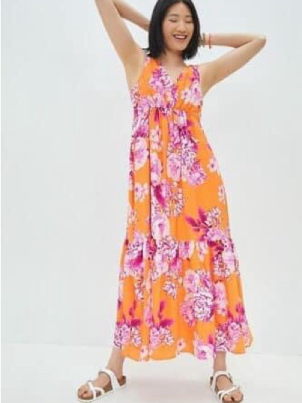 Floral V-Neck Maxi Dress in Orange and Pink